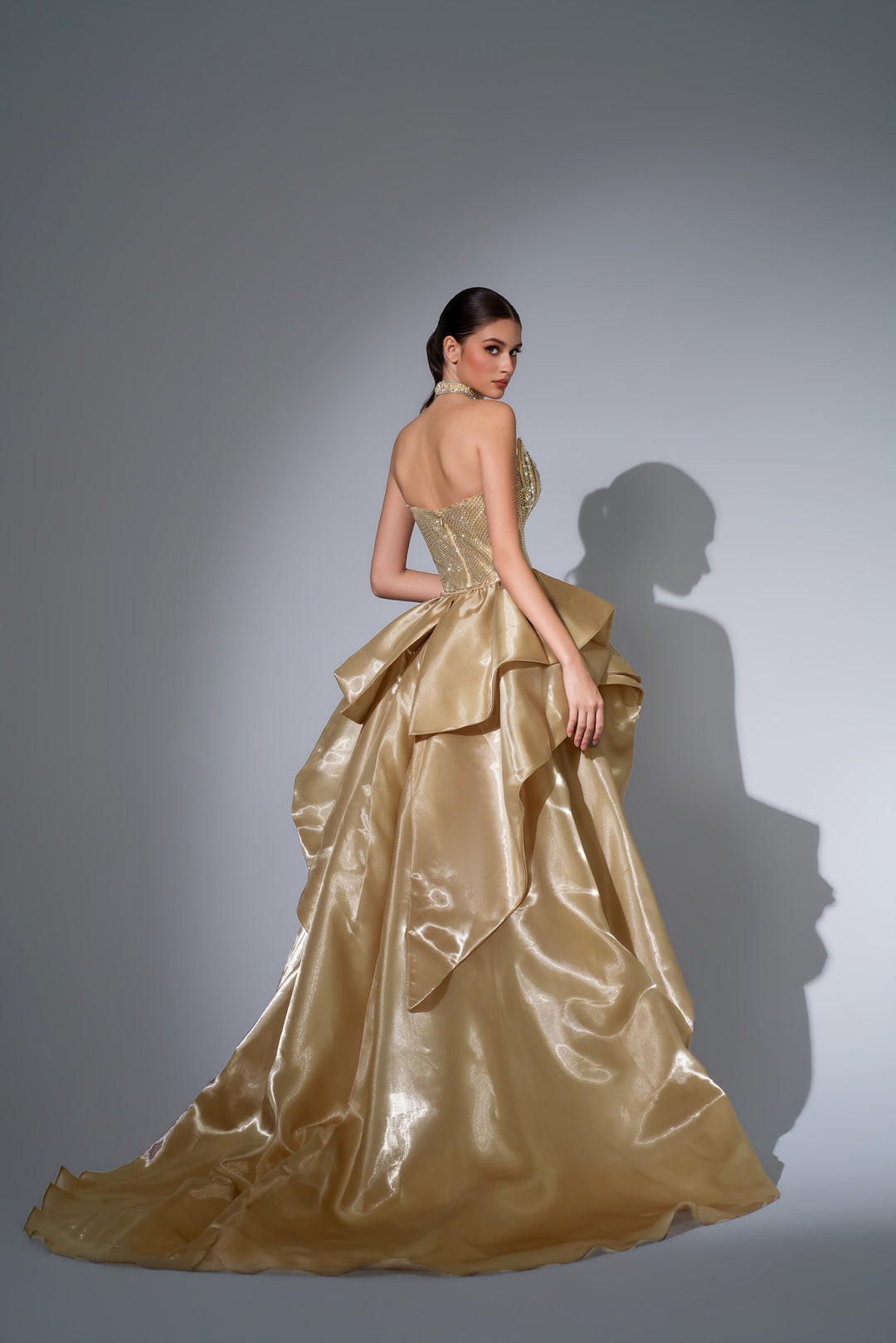 Delilah LD12102 Strapless Crystal Corset Mermaid Gown with Draped Satin Overskirt - Champagne back view