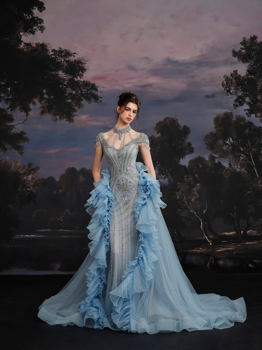 Delilah SH12057 High Neck Cap Sleeve Crystal Mermaid Gown with Ruffled Overskirt - Blue front view