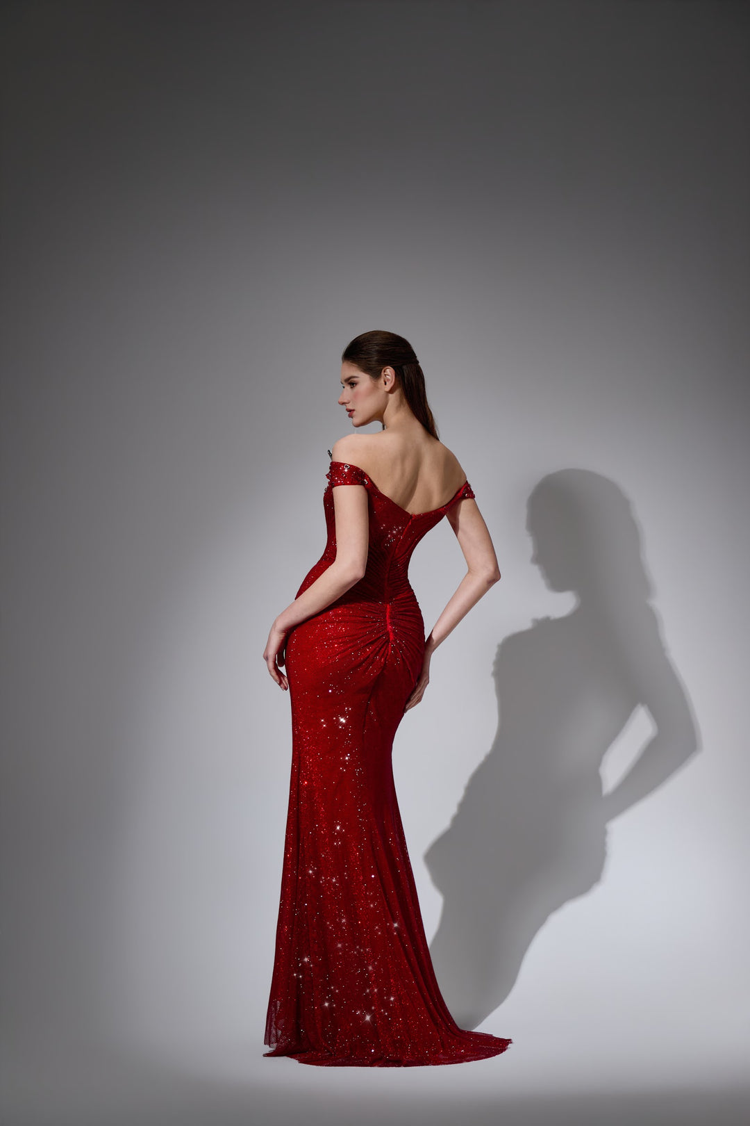 Delilah LD21181 Off-the-Shoulder Sequin Ruched Mermaid Gown with High Slit - Red back view