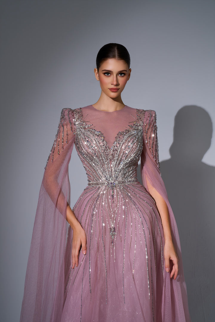 Delilah LD11670 Illusion Neck Long Sleeve Cape Beaded A-Line Gown - Pink close-up view