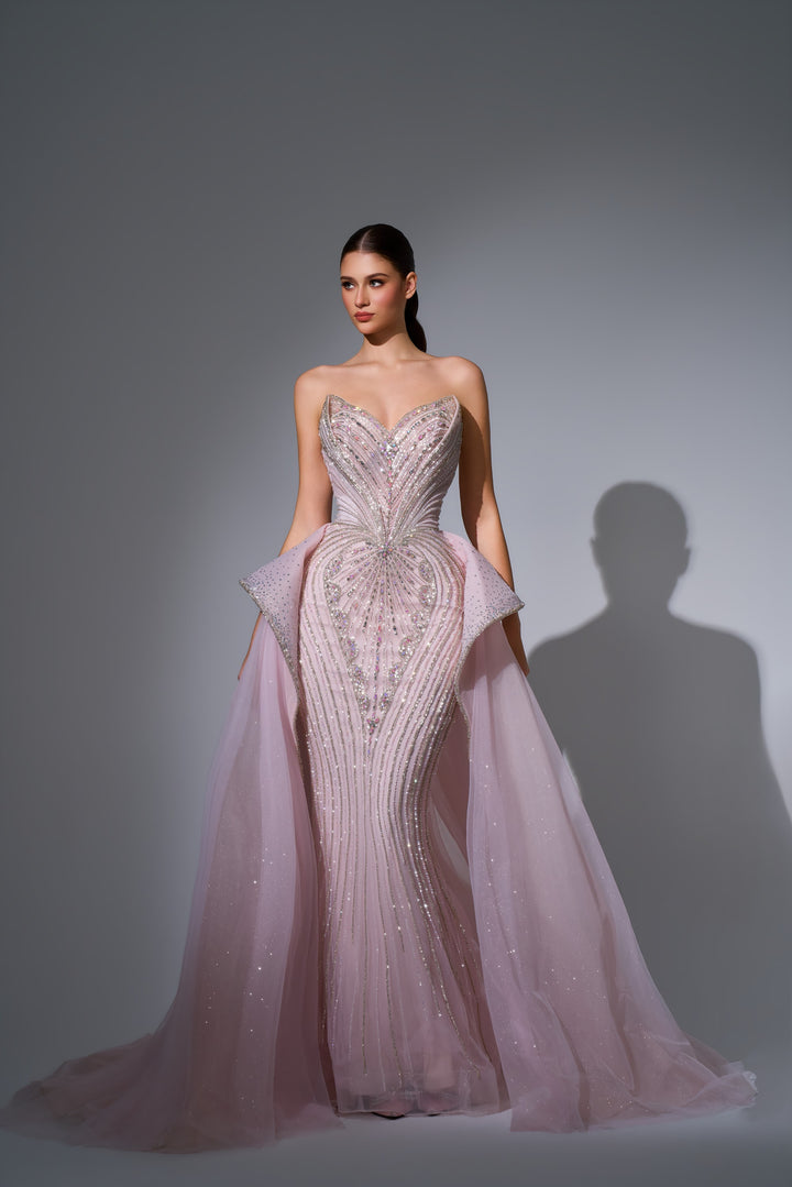 Delilah LD12089 Strapless Plunging Crystal Mermaid Gown with Peplum and Tulle Overskirt - Pink front view