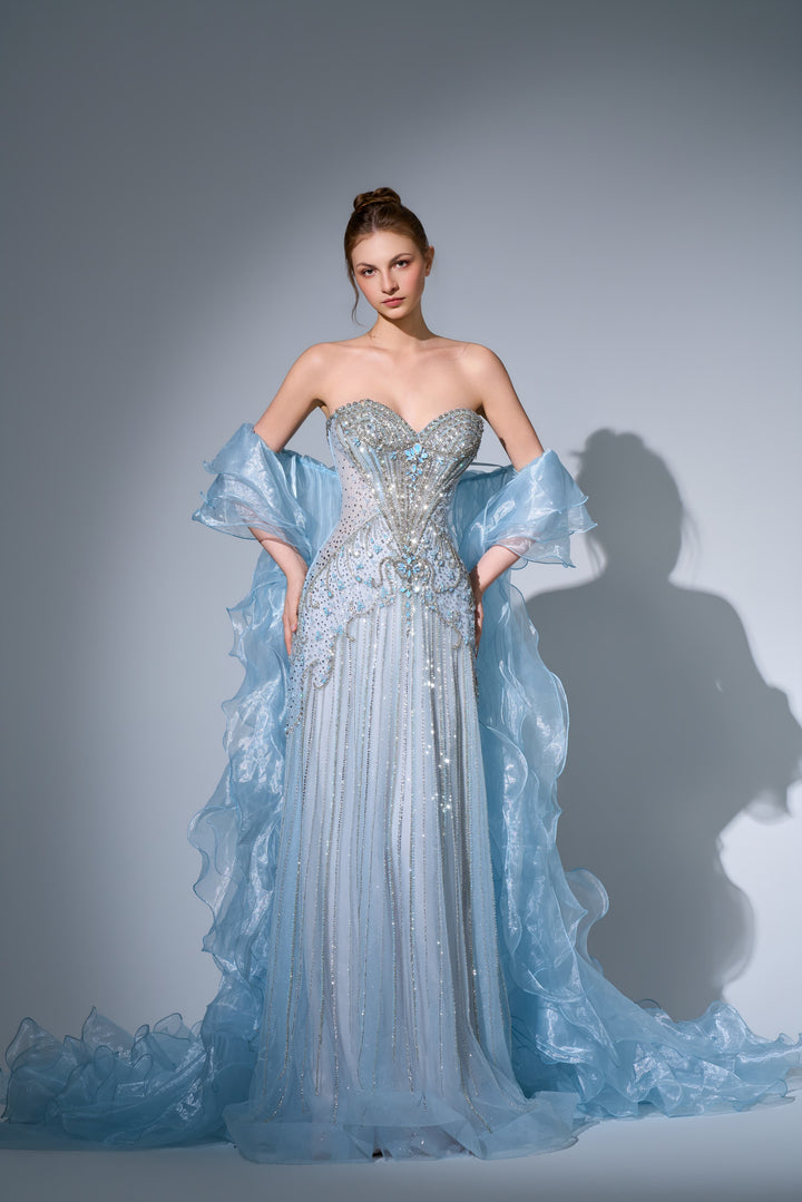 Delilah SH12070 Strapless Crystal Corset Column Gown with Ruffled Organza Stole - Blue front view