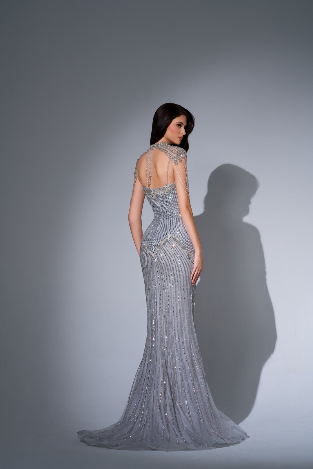 Delilah LD11681 High Neck Heart Keyhole Crystal Fringe Mermaid Gown - Silver back view