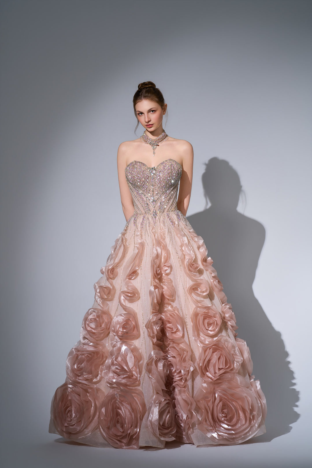 Delilah SH12068 Maxi Strapless Crystal Corset Ball Gown with 3D Rosette Skirt - Champagne front view