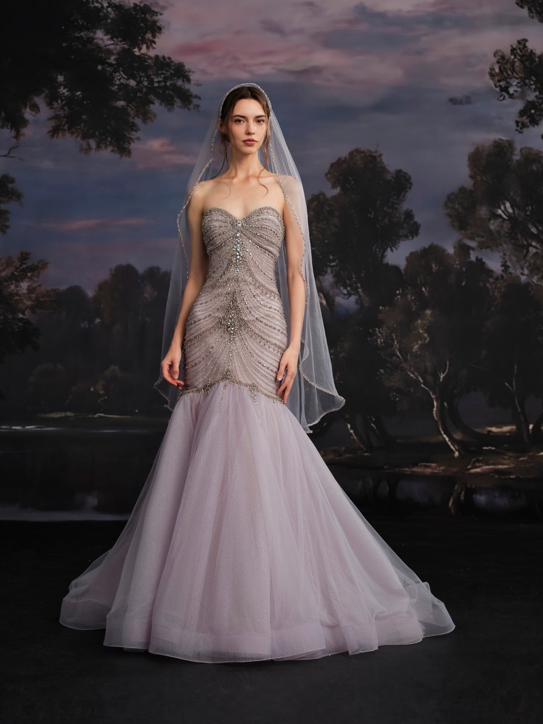 Delilah SH12065 Strapless Draped Crystal Chain Mermaid Gown with Tulle Skirt - Lavender front view