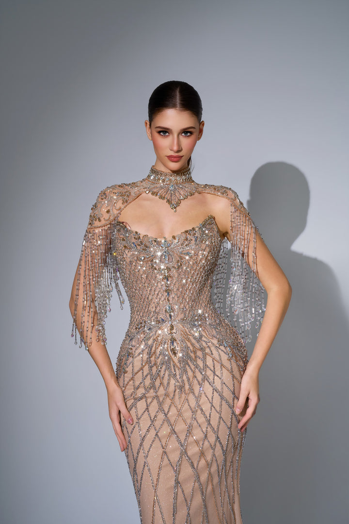Delilah LD11692 High Neck Crystal Fringe Capelet Lattice Mermaid Gown - Champagne close-up view