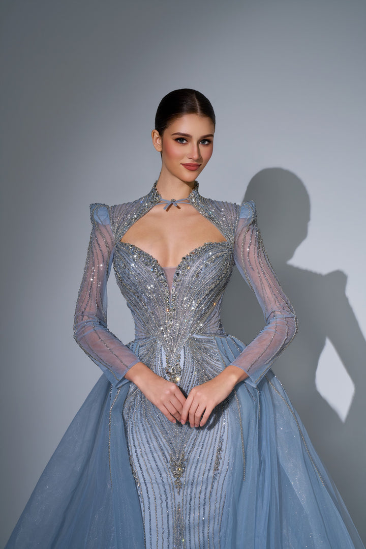 Delilah LD11650 High Collar Long Sleeve Crystal Sheath Gown with Tulle Overskirt - Grey close-up view