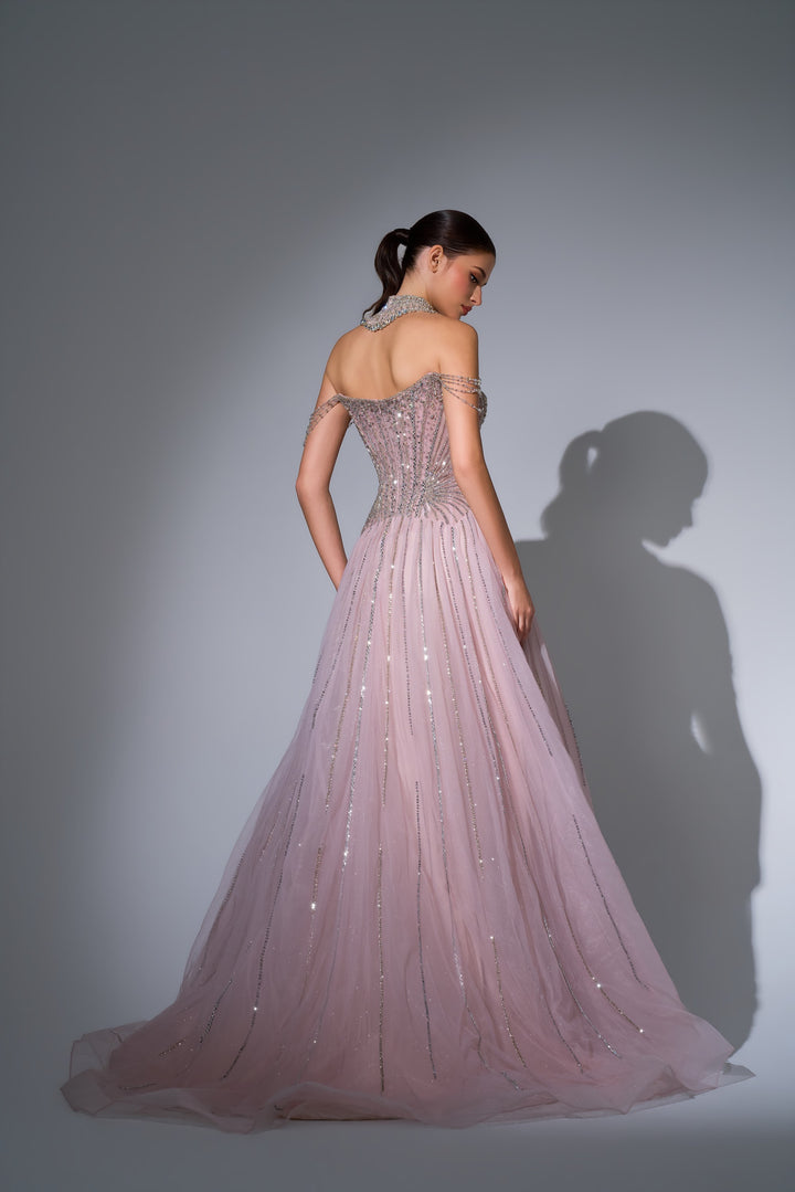Delilah LD11671 Strapless Sunburst Crystal Corset A-Line Gown with Slit - Pink back view