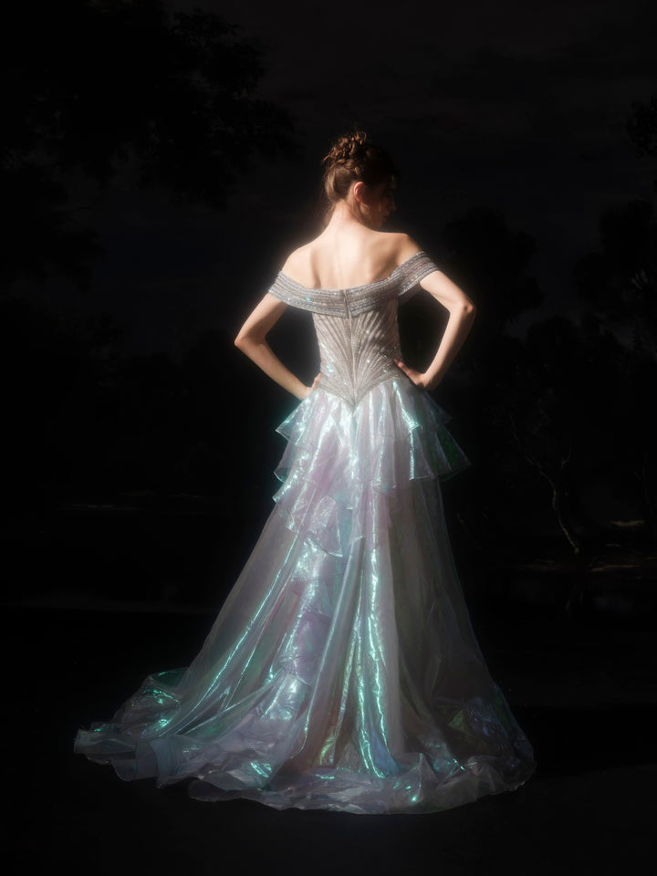 Delilah SH11630 Off-the-Shoulder Crystal Corset Gown with Iridescent Ruffle Skirt - Purple back view