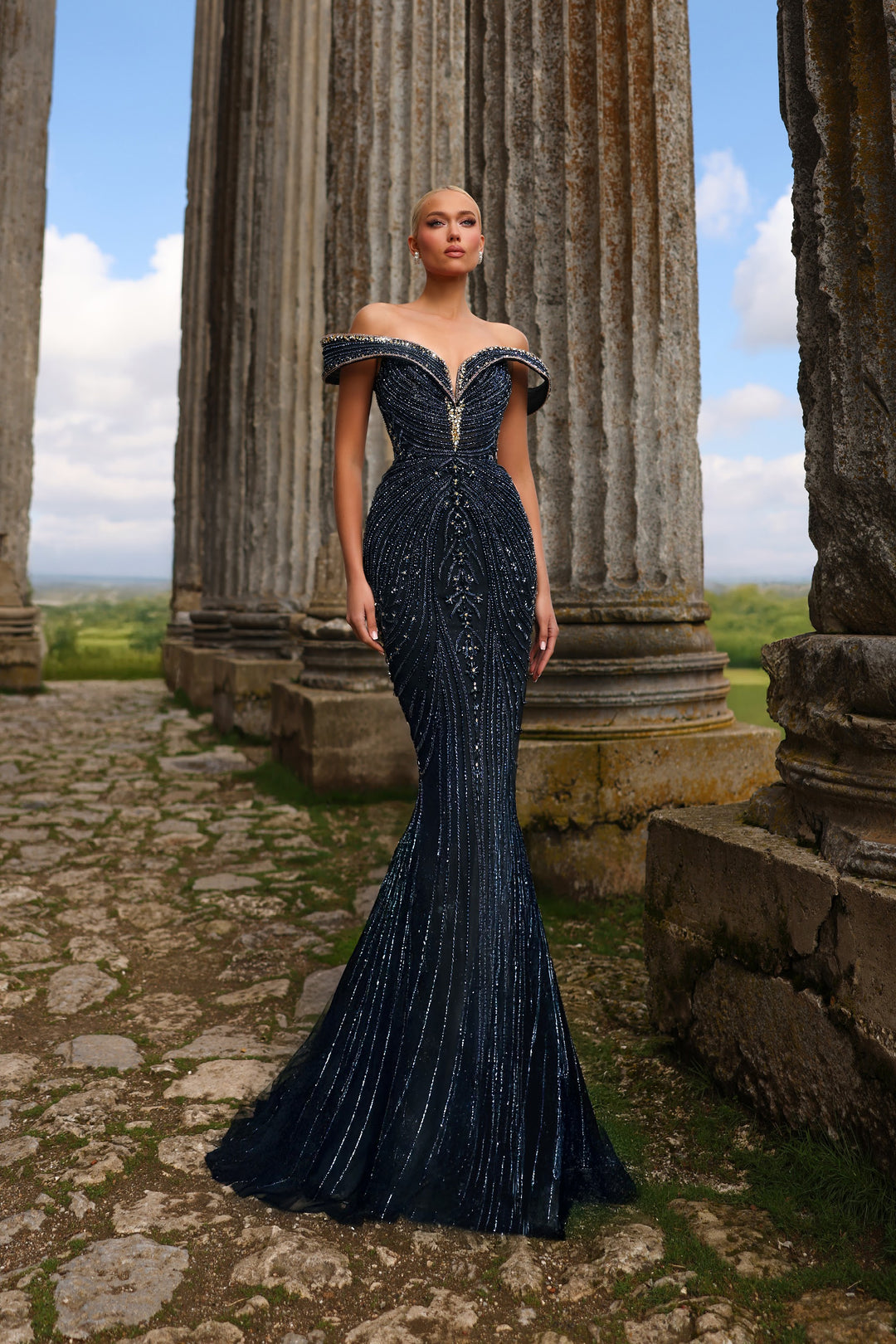 Delilah LD11459 Off-the-Shoulder Portrait Cuff Beaded Corset Mermaid Gown - Black front view