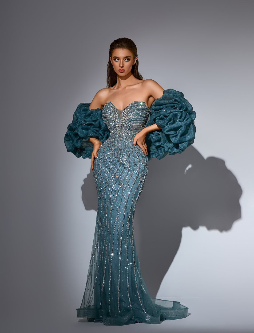 Delilah LD11466 Strapless Plunging Sweetheart Crystal Lattice Mermaid Gown with Ruffled Arm Puffs - Sage front view