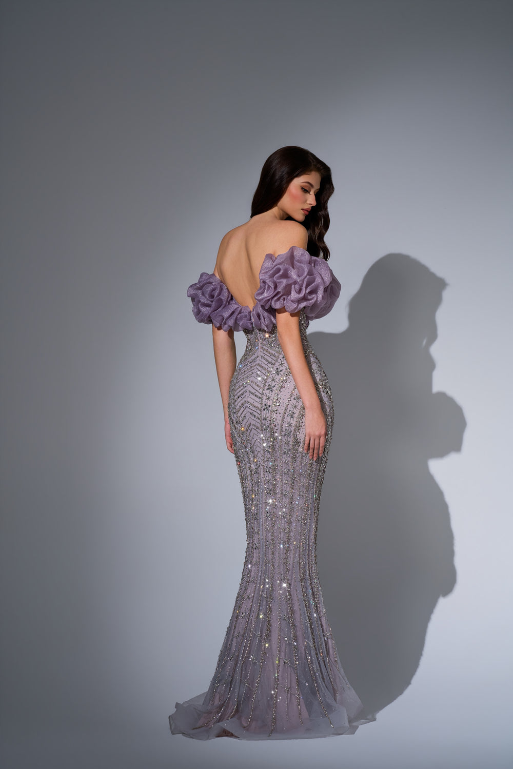 Delilah LD23025 Off-the-Shoulder Ruffle Crystal Beaded Mermaid Gown - P.Grey back view