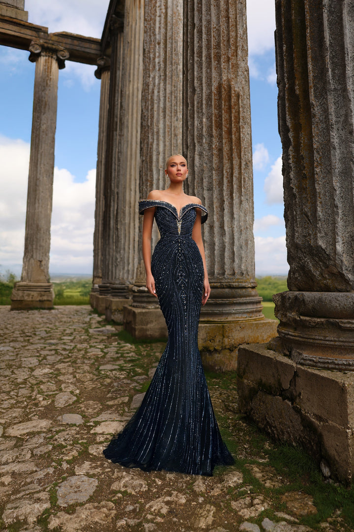 Delilah LD11459 Off-the-Shoulder Portrait Cuff Beaded Corset Mermaid Gown - Black front view