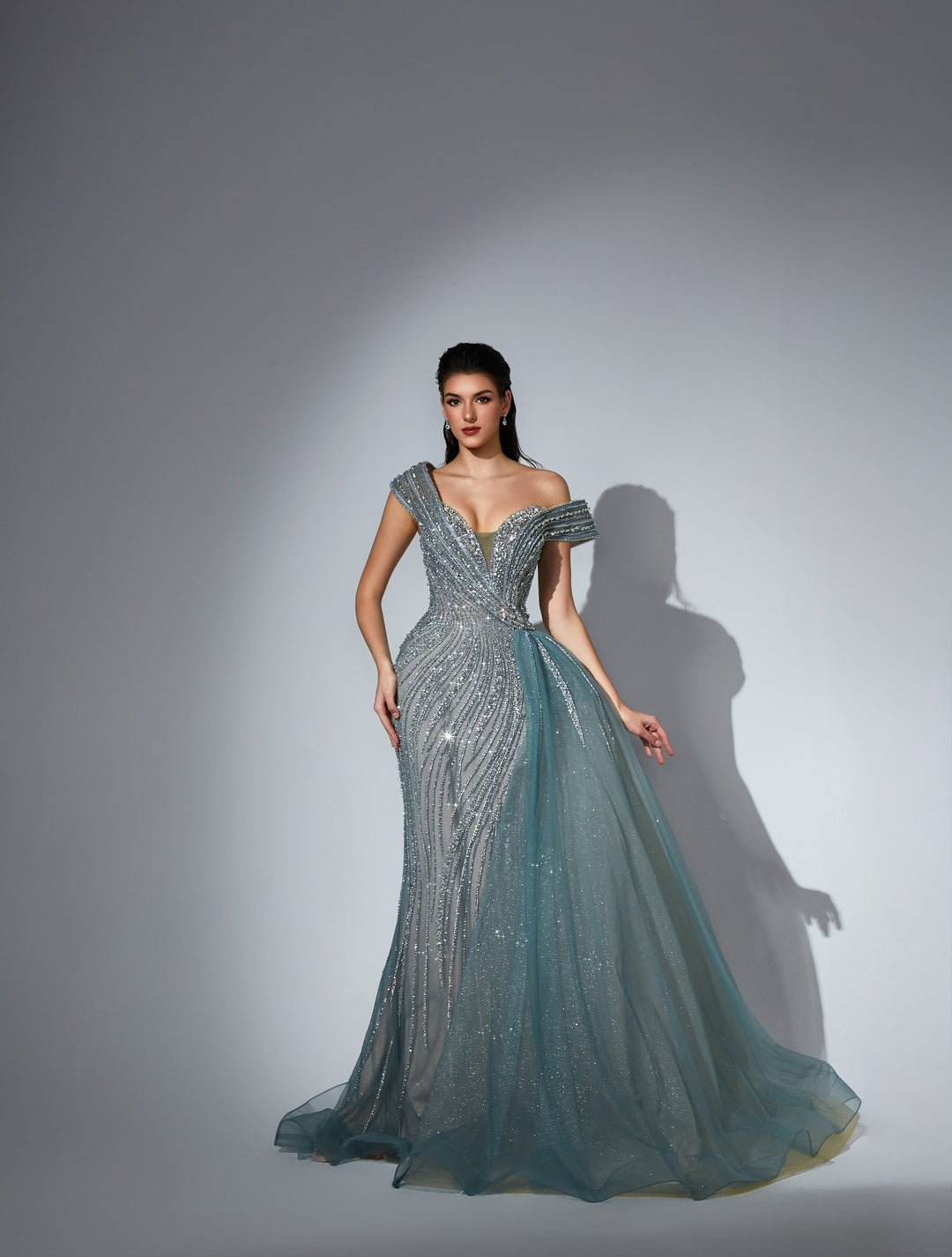 Delilah LD11463 Off-Shoulder Wrap Beaded Mermaid Gown with Asymmetric Tulle Overskirt - Green front view