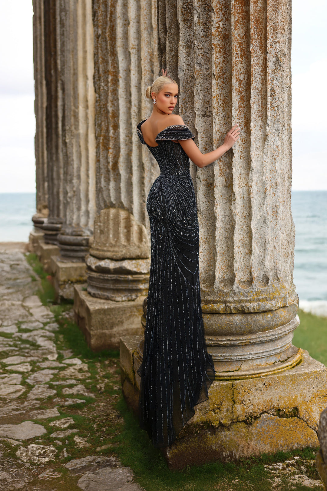 Delilah LD11459 Off-the-Shoulder Portrait Cuff Beaded Corset Mermaid Gown - Black side view