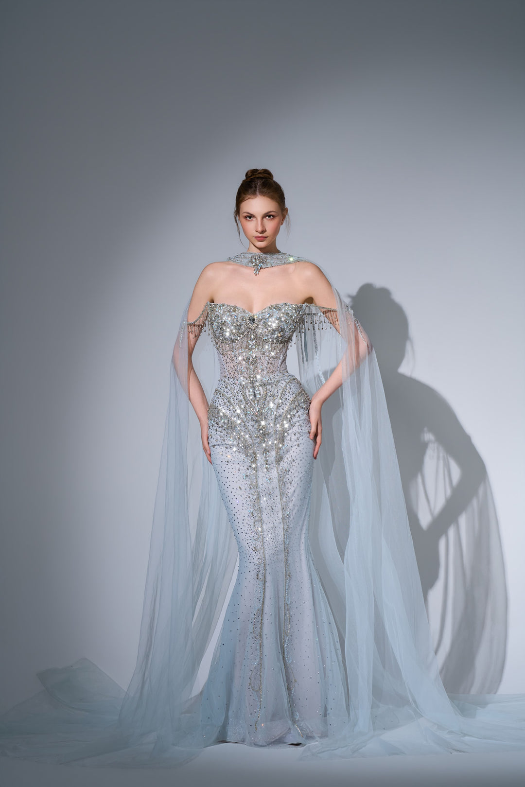Delilah SH12066 Off-the-Shoulder Crystal Corset Mermaid Gown with Choker Tulle Cape - Blue front view