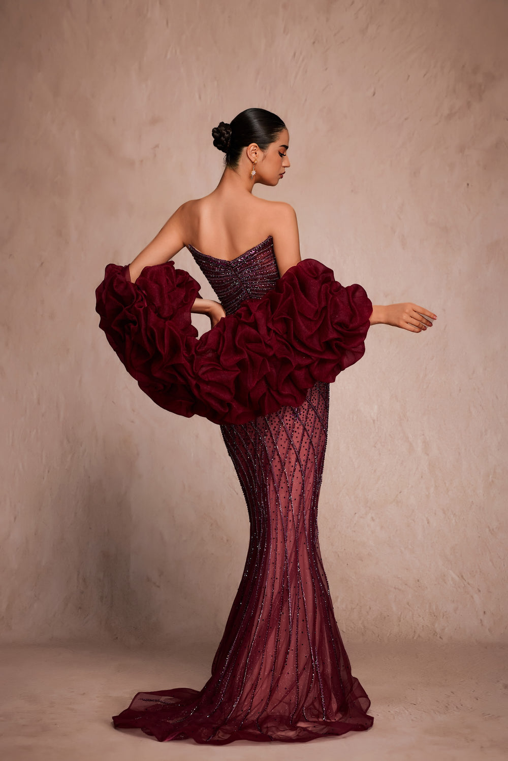 Delilah LD11466 Strapless Plunging Sweetheart Crystal Lattice Mermaid Gown with Ruffled Arm Puffs - Red back view