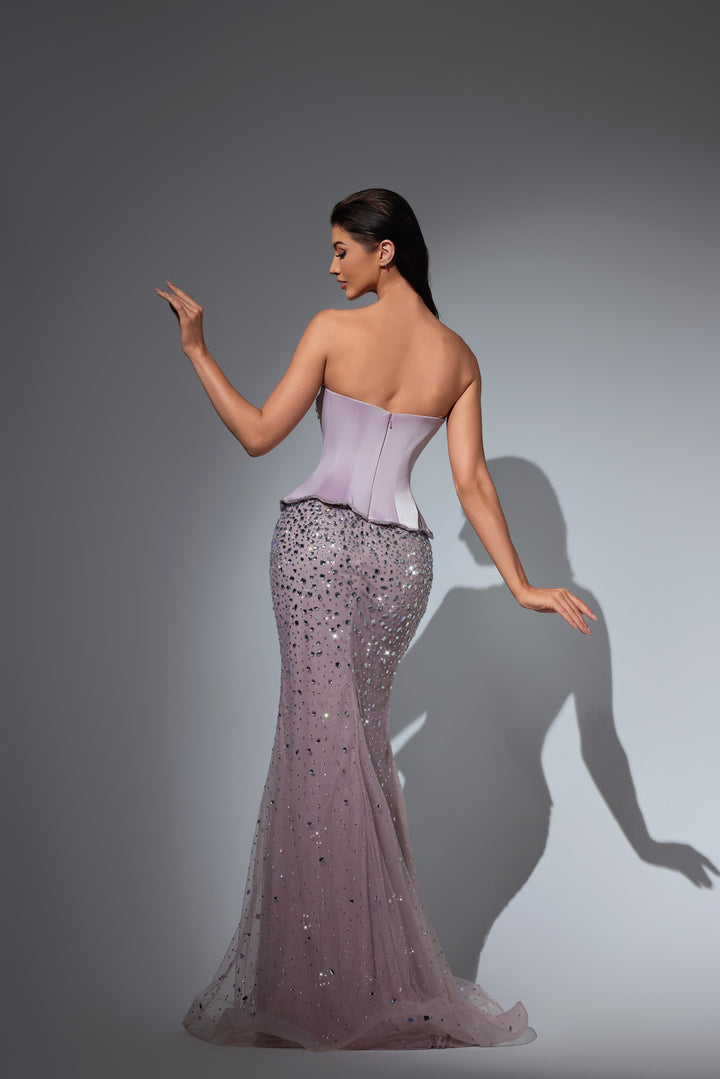 Delilah LD22033 Strapless Crystal Cup Peplum Corset Mermaid Gown with Sheer Crystal Skirt - Pink back view