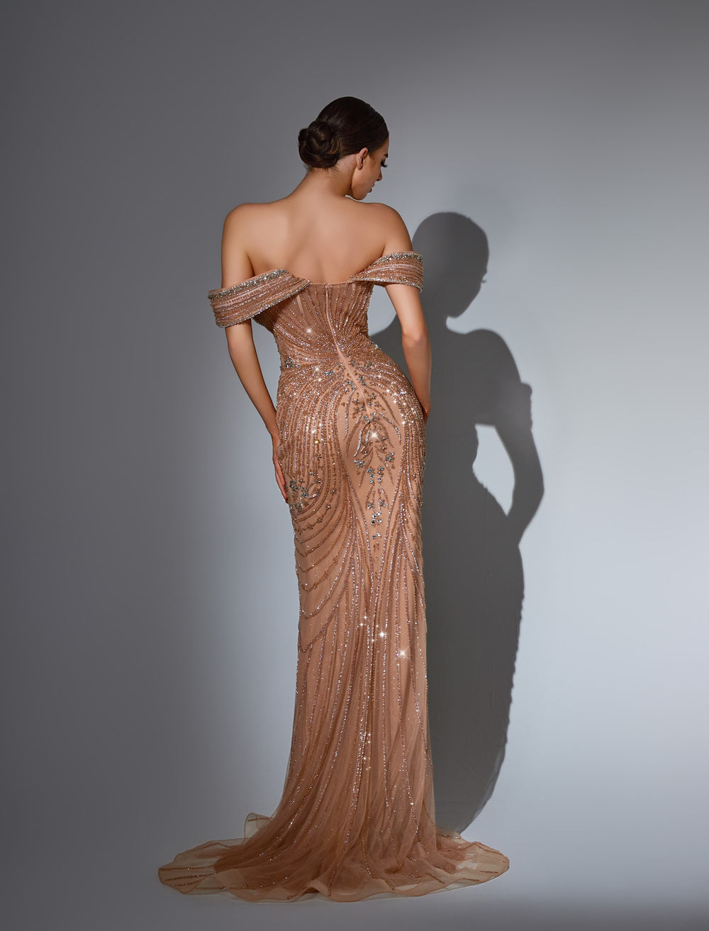 Delilah LD11459 Off-the-Shoulder Portrait Cuff Beaded Corset Mermaid Gown - Champagne back view