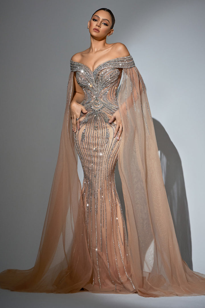 Delilah HM404 Off-the-Shoulder Beaded Corset Column Gown with Floor-Length Shoulder Capes - Champagne front view