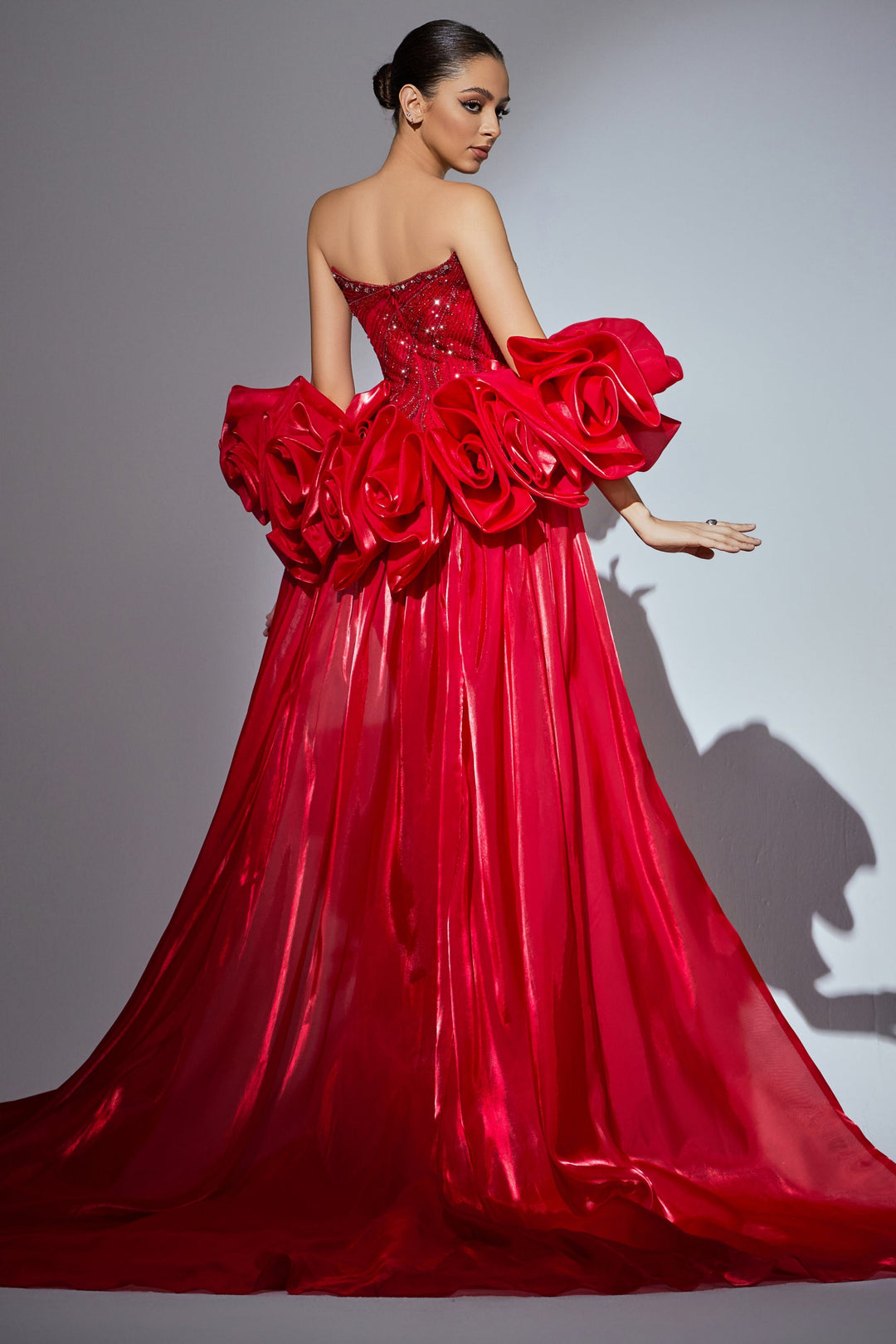Delilah HM402 Strapless Plunging Sweetheart Beaded Mermaid Gown with Ruffled Overskirt - Red back view