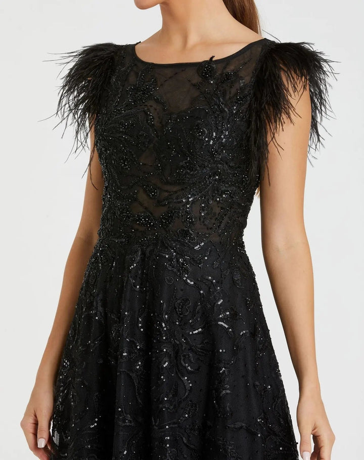 Mac Duggal 20296 Black Embellished Boat Neck A-Line Gown with Feather Sleeves