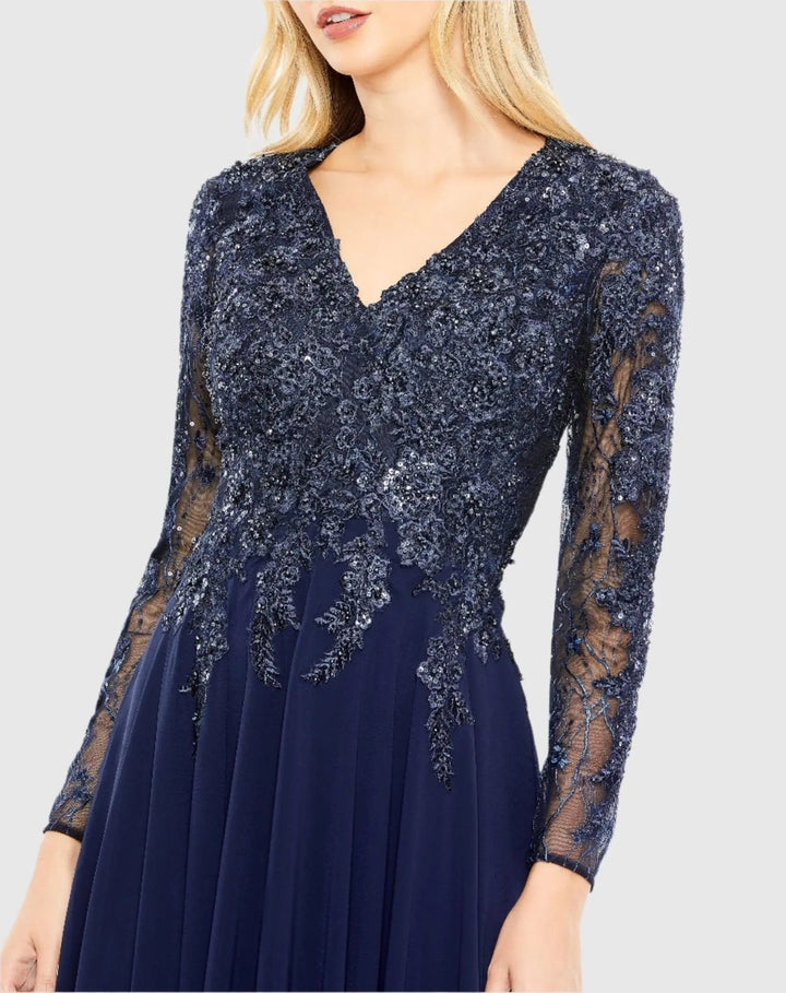 Mac Duggal 20388 Navy Embellished Illusion V Neck Long Sleeve Gown