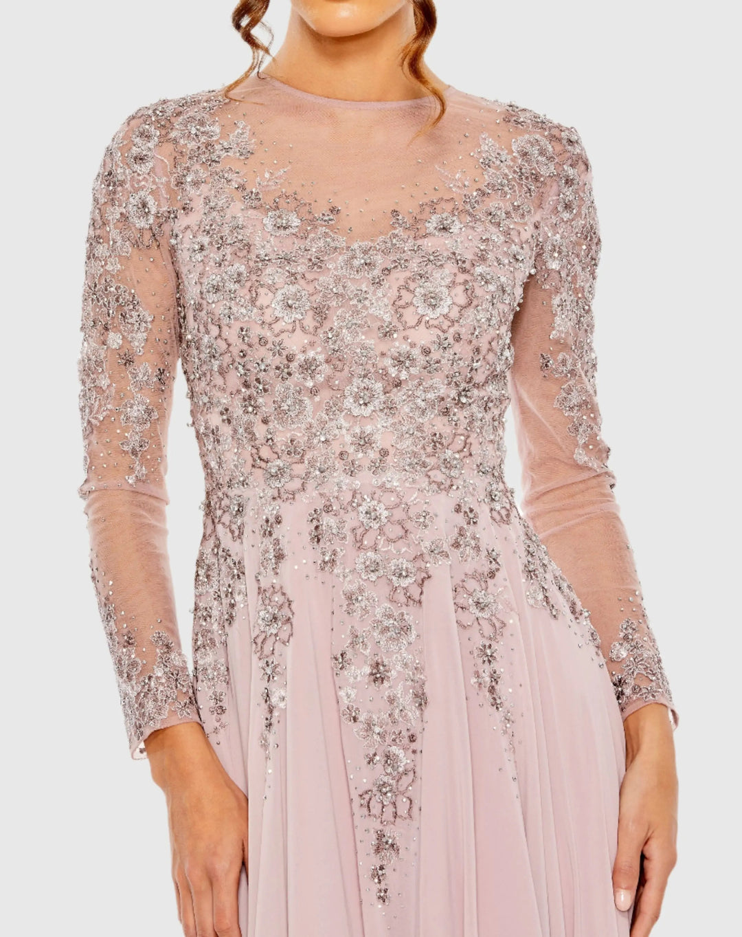 Mac Duggal 20478 High Neck Mesh Long Sleeve Embellished A Line Gown