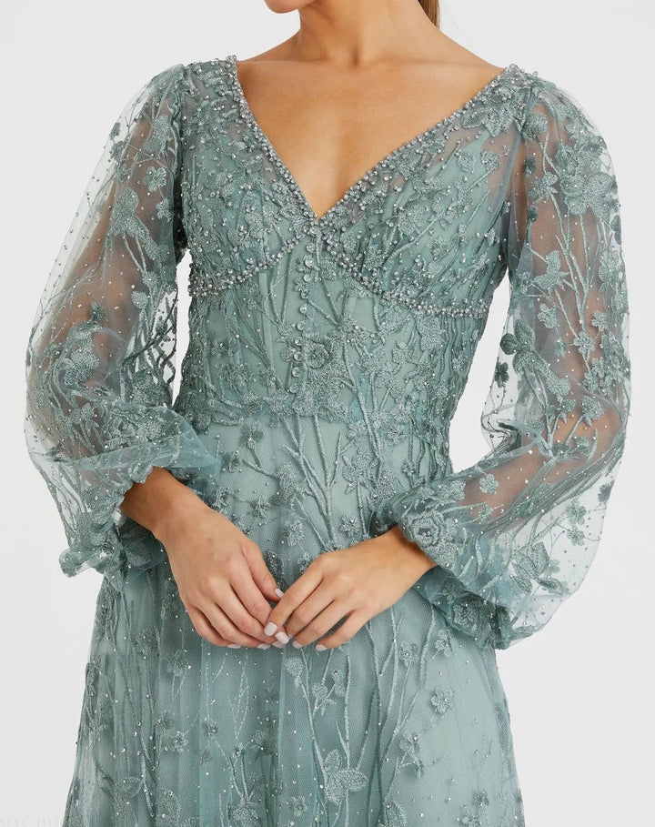 Mac Duggal 20512 V-Neck Embroidered A-line Tea Length Dress