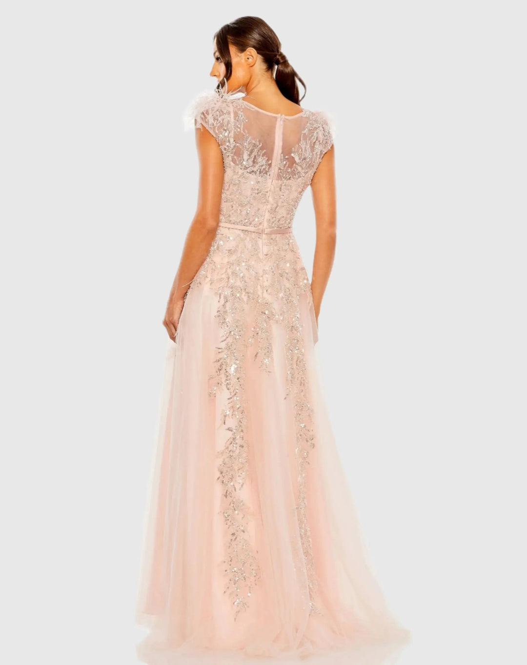 Mac Duggal 20520 High Neck Feather Detail Beaded Gown