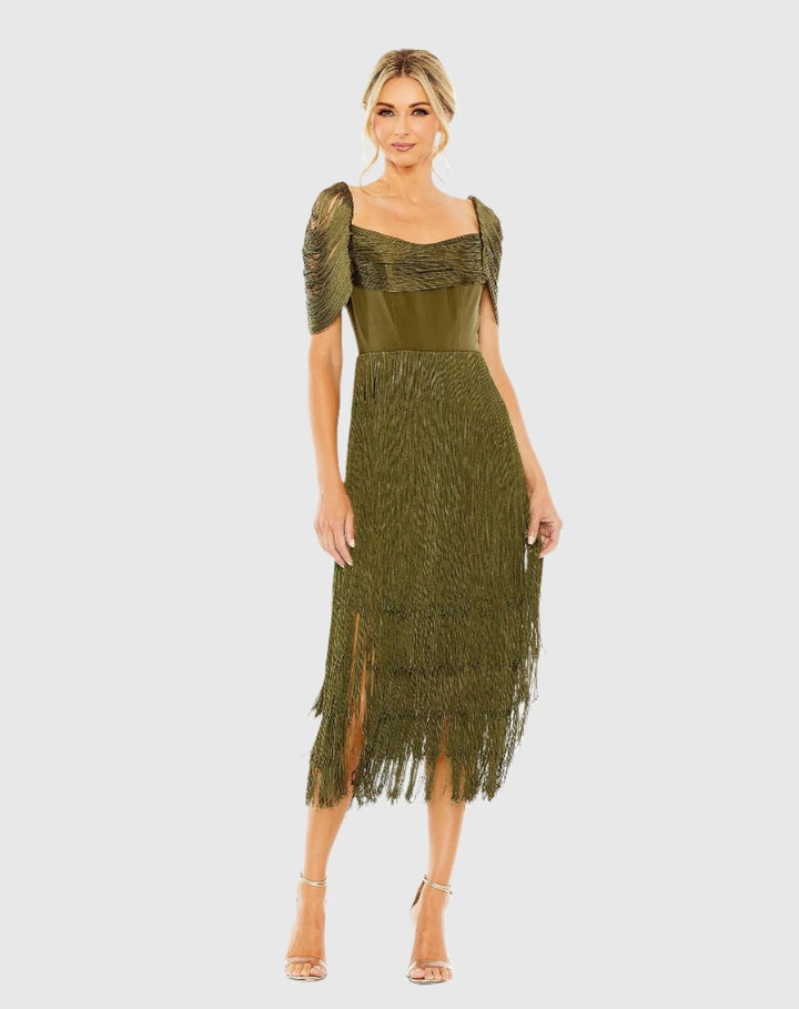 Mac Duggal 20568 Short Sleeve Fringe Detailed Midi Dress
