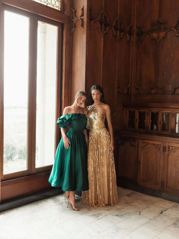 Mac Duggal 20706 Off The Shoulder Tea Length Dress
