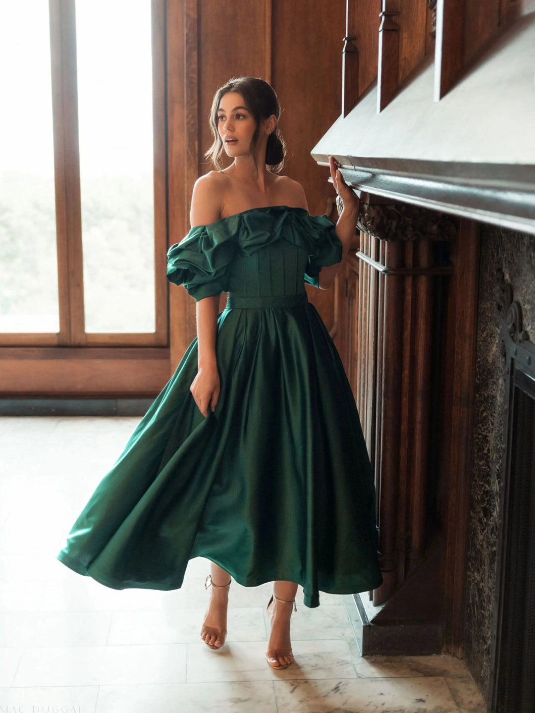 Mac Duggal 20706 Off The Shoulder Tea Length Dress