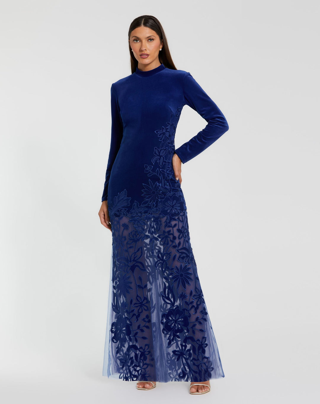 Mac Duggal 20756 High Neck Velvet Mesh Gown with Floral Appliqués