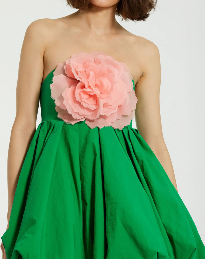 Mac Duggal 20931 Green Strapless Faille Mini Dress With 3D Flower