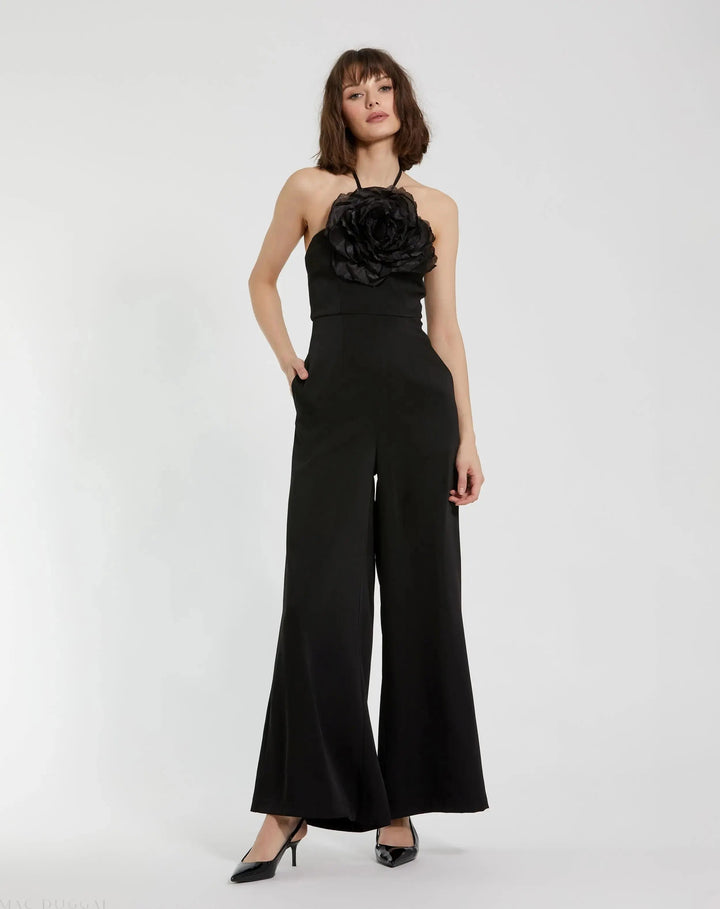 Mac Duggal 20934 Crepe Halter Neck Jumpsuit With Flower