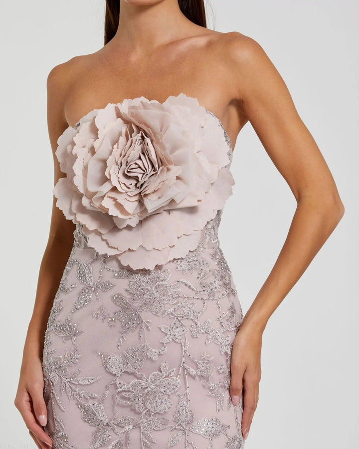 Mac Duggal IN Pink Strapless Lace Embellished Trumpet Gown With 3D Flower