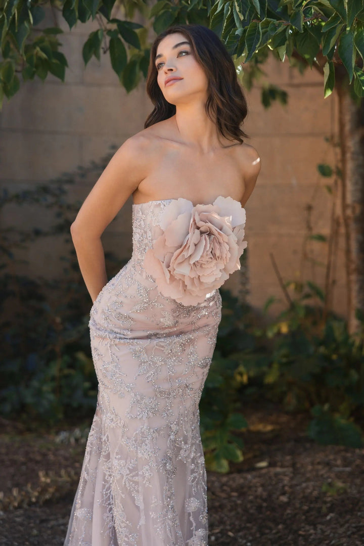 Mac Duggal IN Pink Strapless Lace Embellished Trumpet Gown With 3D Flower
