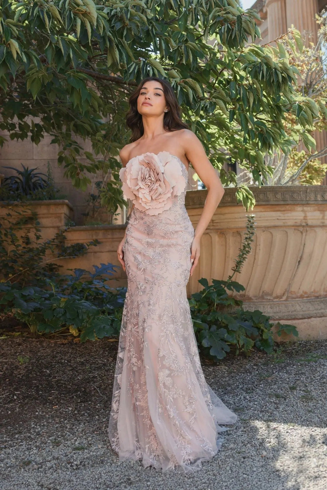 Mac Duggal IN Pink Strapless Lace Embellished Trumpet Gown With 3D Flower