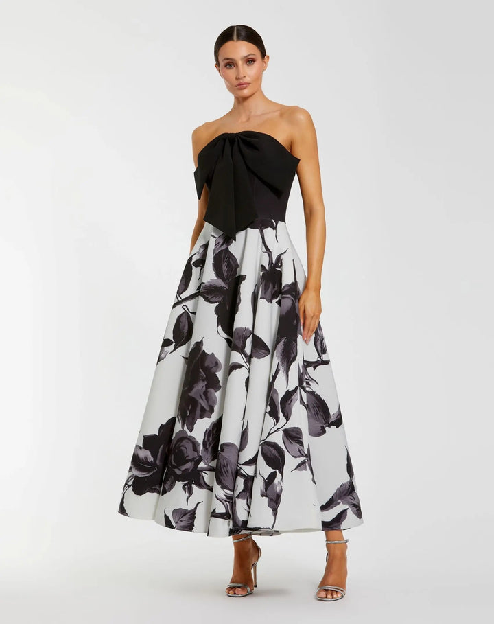 Mac Duggal 21151 Black and Gray Floral Strapless Midi Dress With Bow