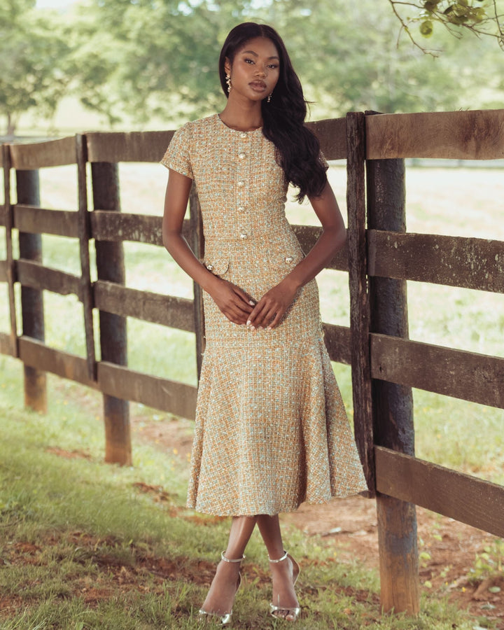 Mac Duggal 21167 High Neck Short Sleeve Boucle Midi Dress