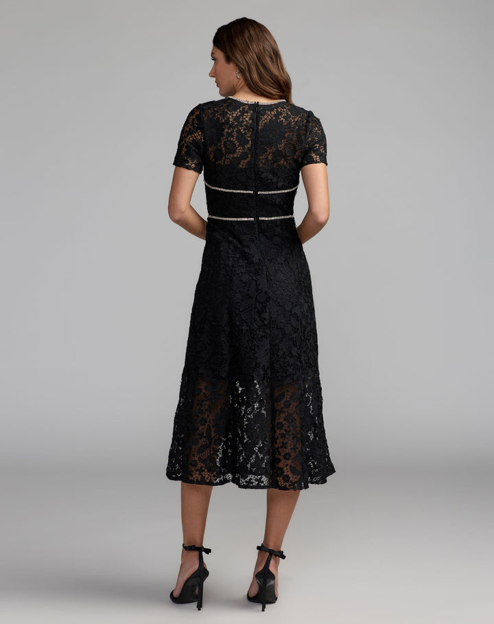 Mac Duggal 21208 Short Sleeve Lace Midi Dress With Rhinestone Trim