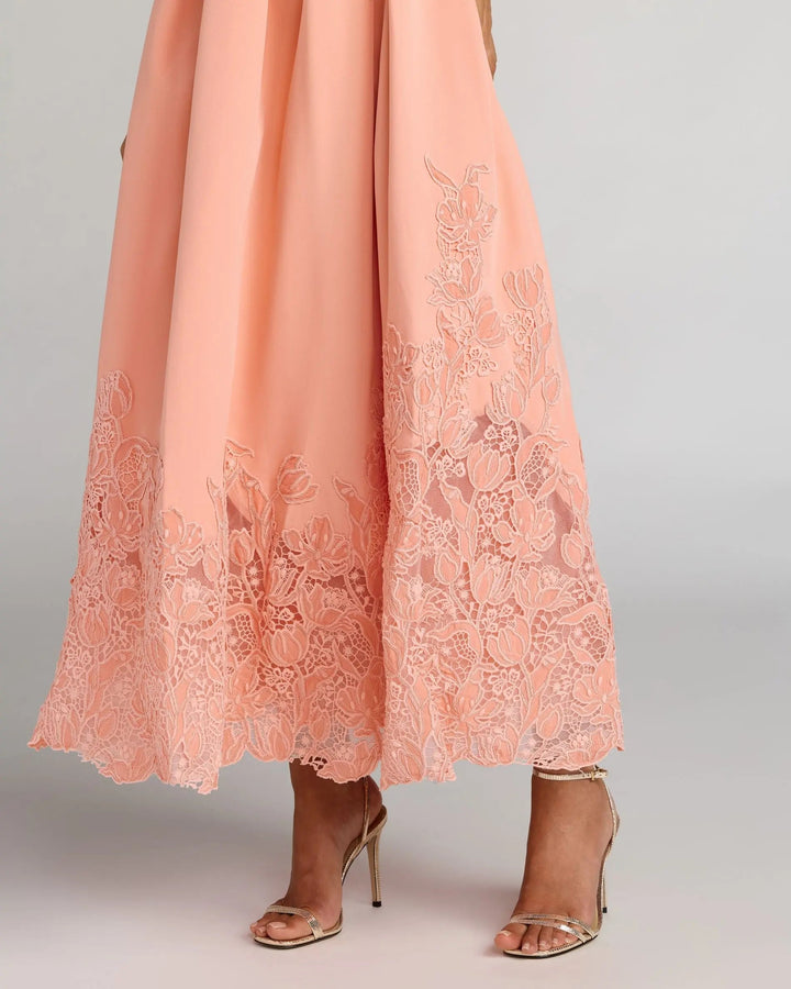 Peach Lace Hem Belted Midi Dress - FOSTANI.com