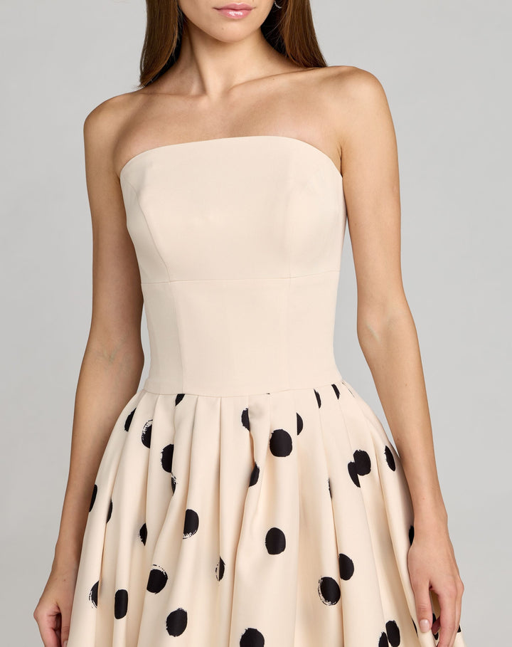 Beige Strapless Polka Dot Bubble Skirt Midi Dress - FOSTANI.com