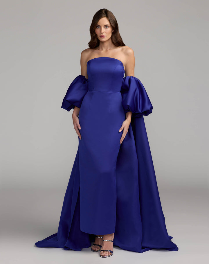 Mac Duggal 21239 Strapless Puff Sleeve Satin Gown With Cape
