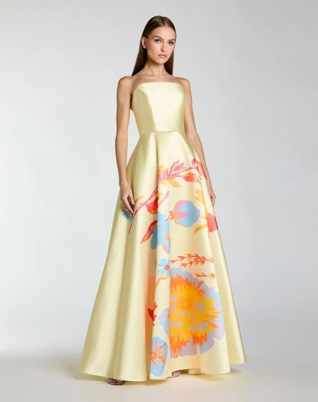 Yellow Strapless Mikado Ball Gown With Floral Print - FOSTANI.com