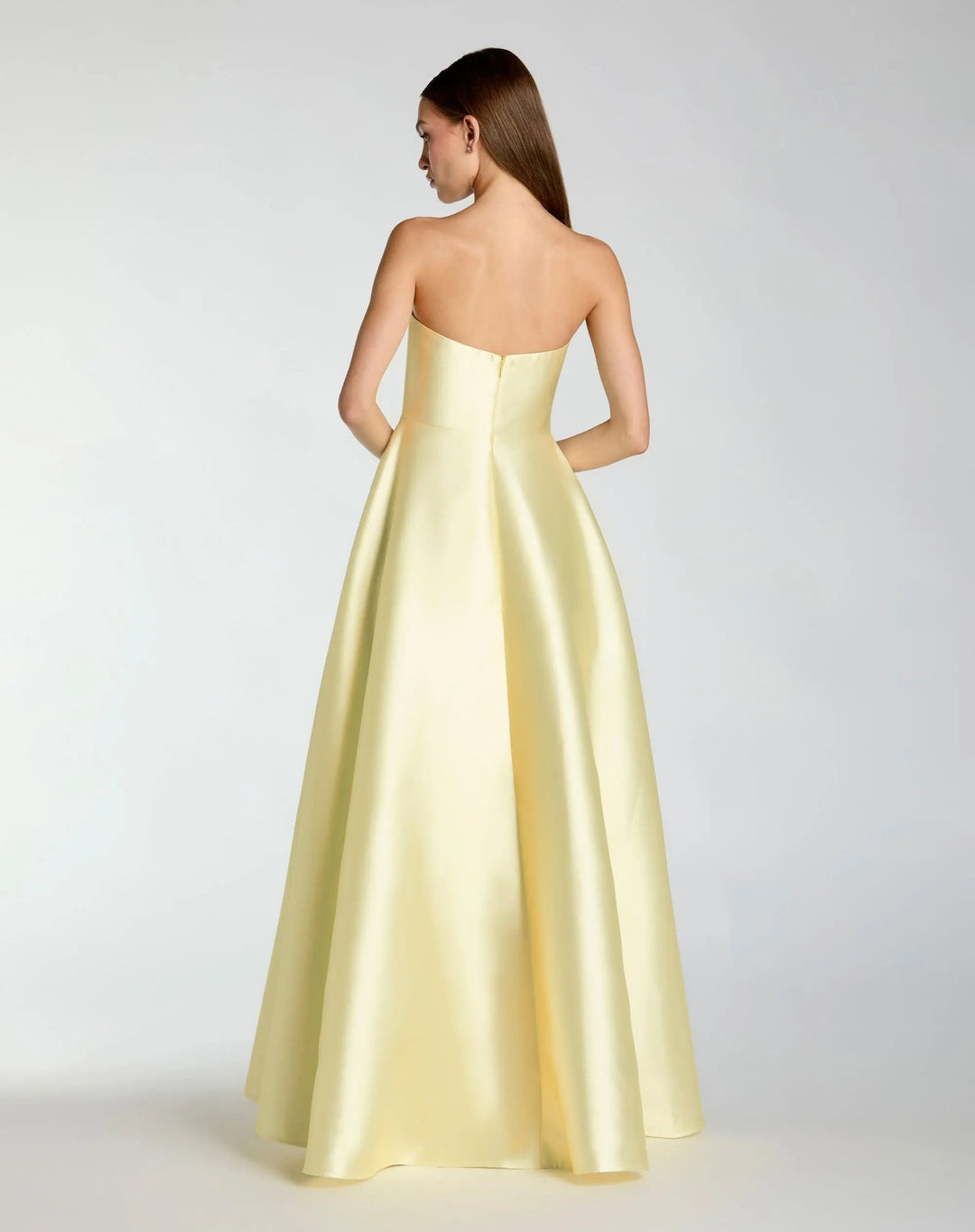 Yellow Strapless Mikado Ball Gown With Floral Print - FOSTANI.com