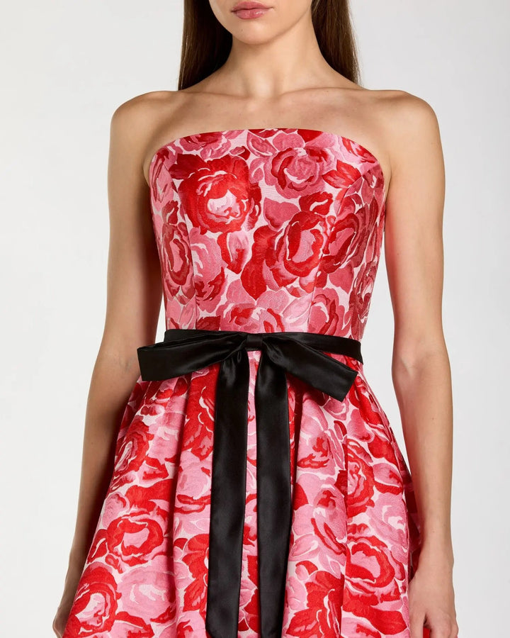 Red Strapless Brocade Midi Dress with Satin Bow - FOSTANI.com