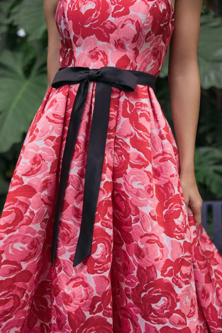 Red Strapless Brocade Midi Dress with Satin Bow - FOSTANI.com