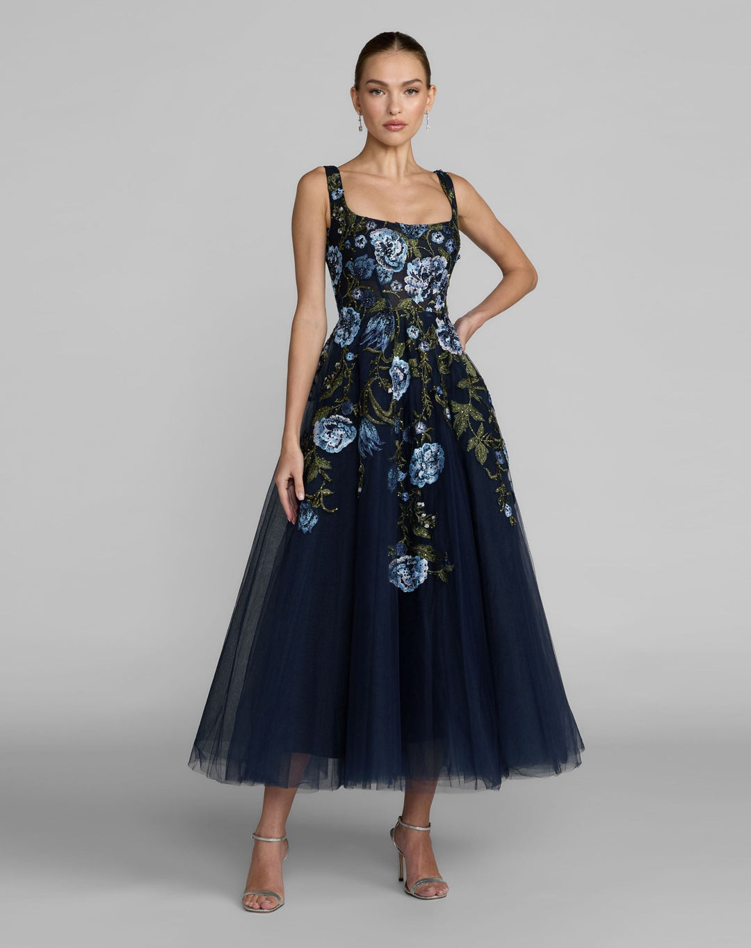 Mac Duggal 21295 Navy Square Neck Embroidered A-Line Midi Dress